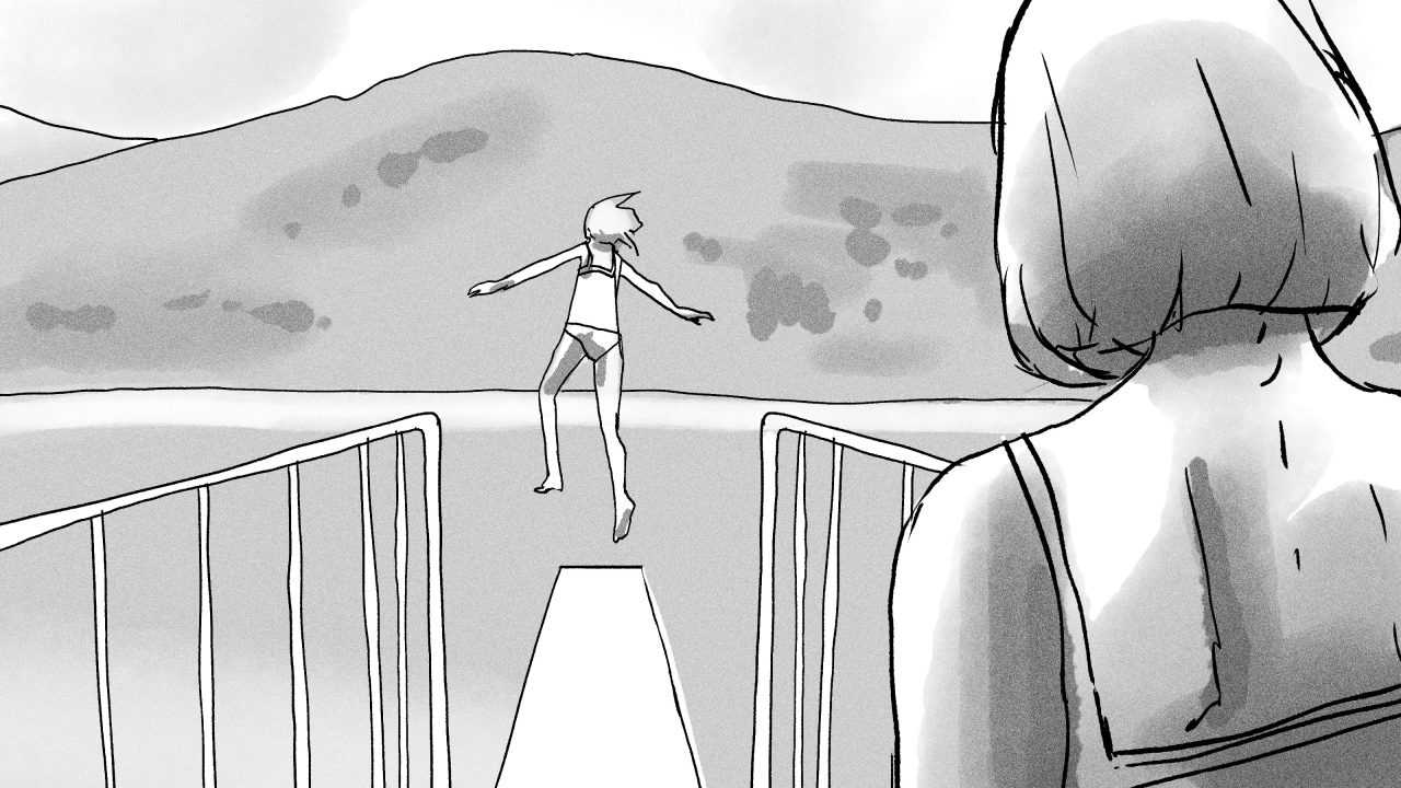 storyboard frame by Sascha Vernik / REVKIN a girl jumps into the water