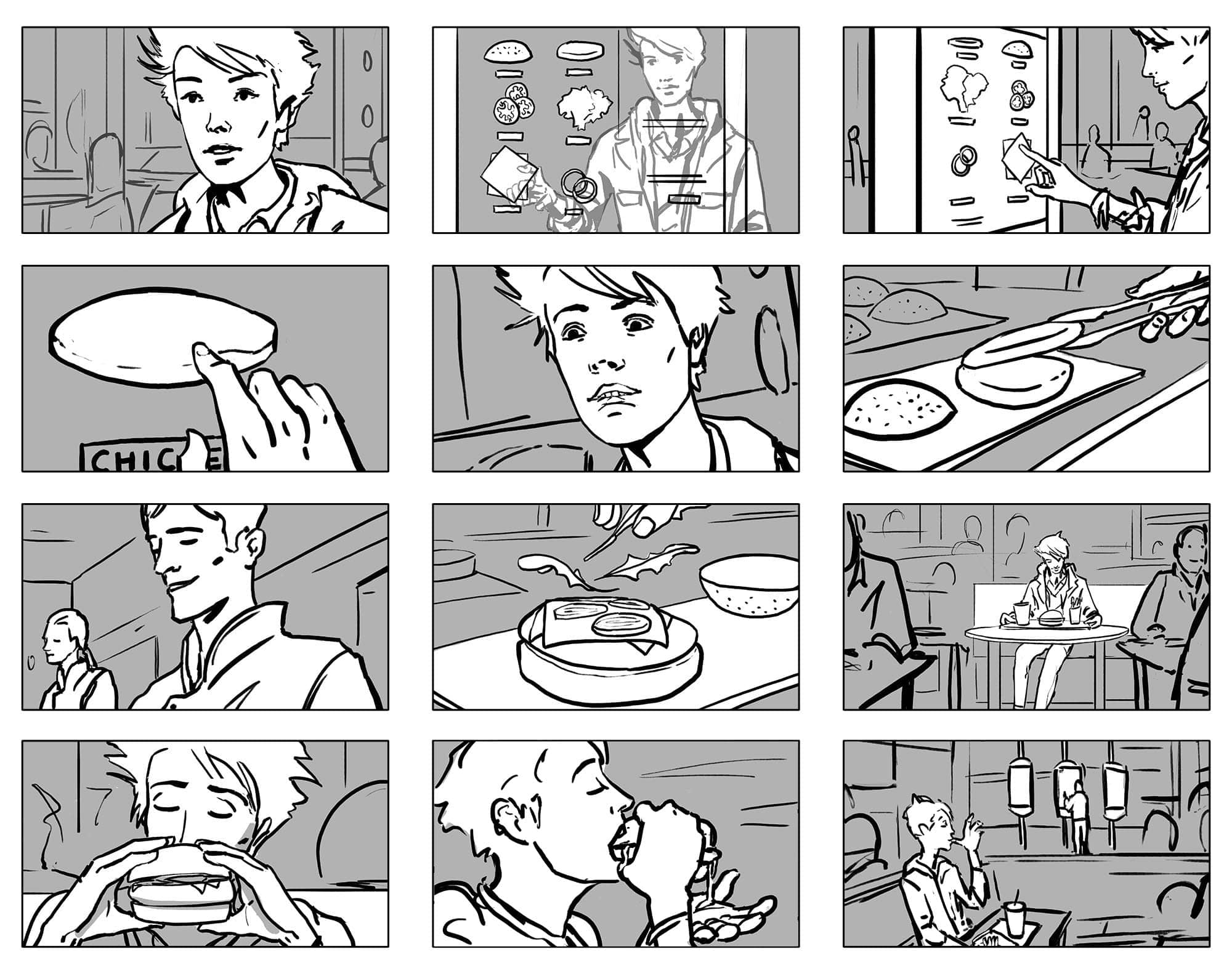 McDonalds black and white storyboard frames by Sascha Vernik / REVKIN