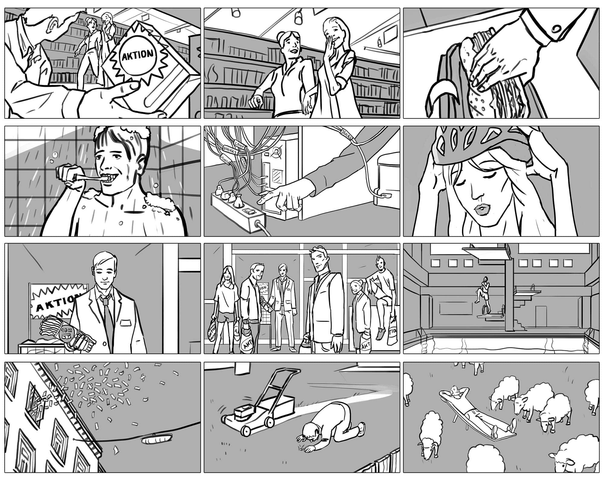 black and white storyboard frames by Sascha Vernik / REVKIN